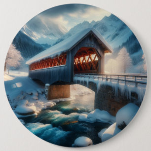 Badge Rond 15,2 Cm Hiver, pont enneigé et rivière