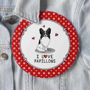 Badge Rond 15,2 Cm I Love Papillons (blanc & noir) Coeurs Chiens mign