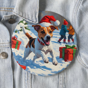 Badge Rond 15,2 Cm Jack Russell Courir en neige avec Casquette de Noë