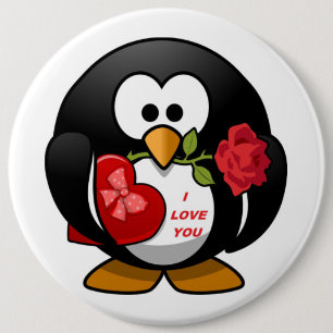 BADGE ROND 15,2 CM "JE T'AIME" VALENTINE PENGUIN