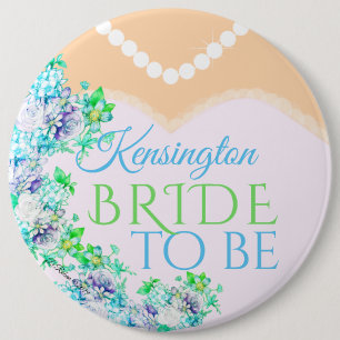 Badge Rond 15,2 Cm Jeune mariée à être fleurs bleues et vertes
