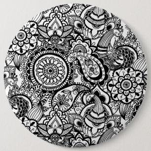 Badge Rond 15,2 Cm Joli floral paisley noir blanc