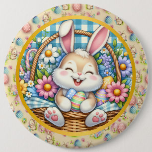 Badge Rond 15,2 Cm Joyeuses Pâques avec un lapin mignon, des œufs et 