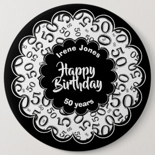 Badge Rond 15,2 Cm Joyeux anniversaire, cinquantième motif noir/blan