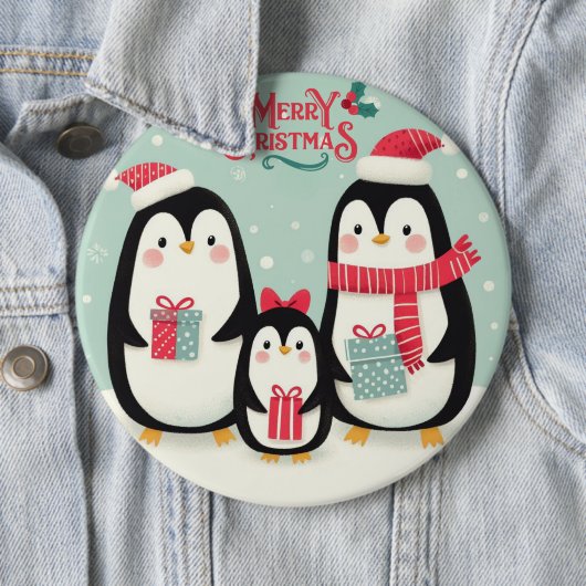 Badge Rond 15,2 Cm Joyeux manchots enneigés de Noël (En situation)