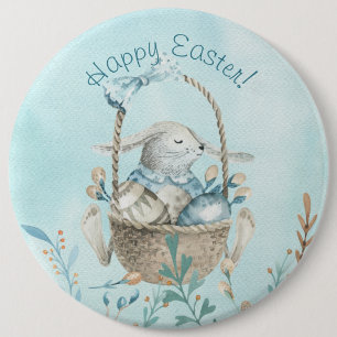 Badge Rond 15,2 Cm Joyeux Pâques ! Aquarelle lapin et panier