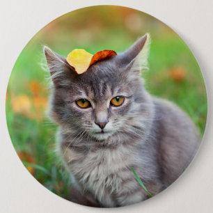 Badge Rond 15,2 Cm Kitty gris mignon avec feuille sur la tête