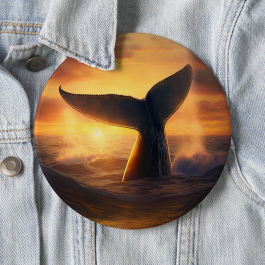 Badge Rond 15,2 Cm La baleine de plongée au coucher du soleil (En situation)