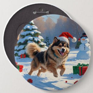 Badge Rond 15,2 Cm Lapphund finnois courant dans la neige avec un cha