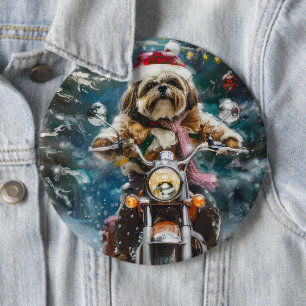 Badge Rond 15,2 Cm Lhasa Apso Chien à cheval Moto Noël