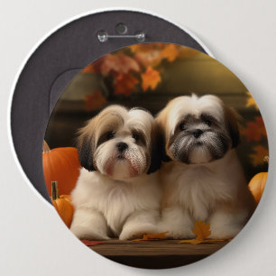 Badge Rond 15,2 Cm Lhasa Apso Chiot Automne Citrouille de plaisir