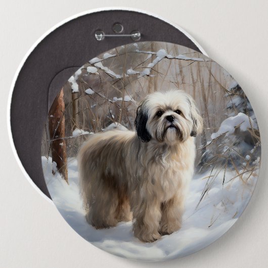 Badge Rond 15,2 Cm Lhassa Apso Laisse Neige Noël (Devant & derrière)