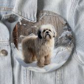 Badge Rond 15,2 Cm Lhassa Apso Laisse Neige Noël (En situation)