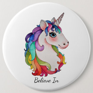 Badge Rond 15,2 Cm Licorne d'aquarelle avec des cheveux d'arc-en-ciel