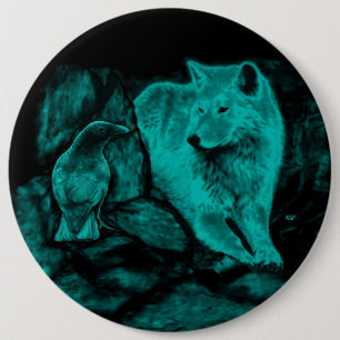 Badge Rond 15,2 Cm Loup et corbeau dans la nuit