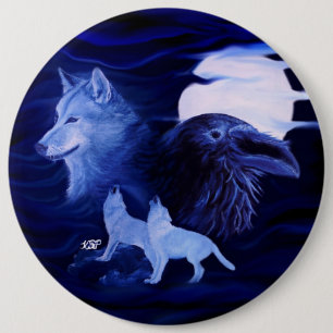 Badge Rond 15,2 Cm Loups et corbeau avec pleine lune