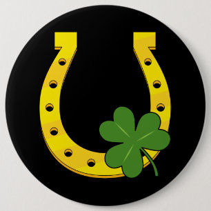 Badge Rond 15,2 Cm Lucky Golden Horseshoe avec Shamrock sur noir