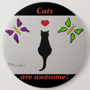 Badge Rond 15,2 Cm Magnifique dessin de chat noir, coeur rouge, papil