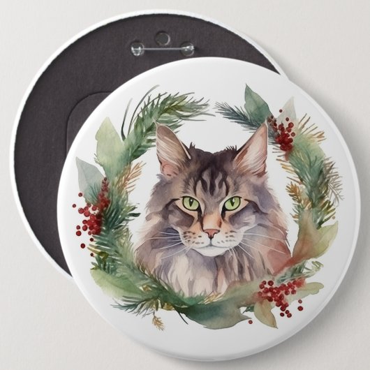Badge Rond 15,2 Cm Maine Coon Chat Noël Wreath Festive Kitten (Devant & derrière)