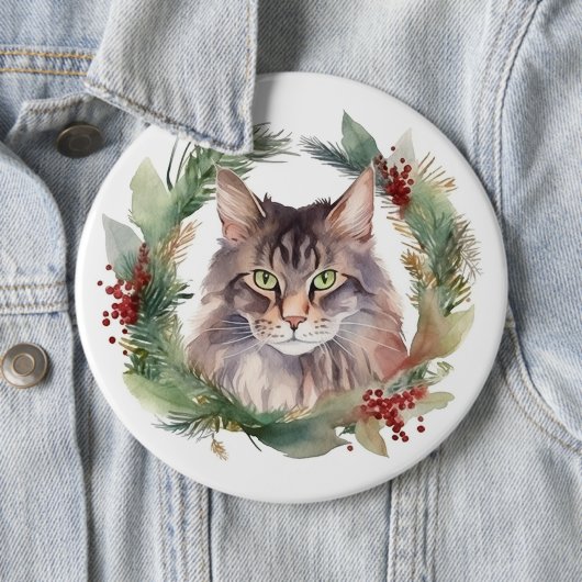 Badge Rond 15,2 Cm Maine Coon Chat Noël Wreath Festive Kitten (En situation)