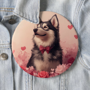 Badge Rond 15,2 Cm Malamute d'Alaska avec des roses - Saint-Valentin