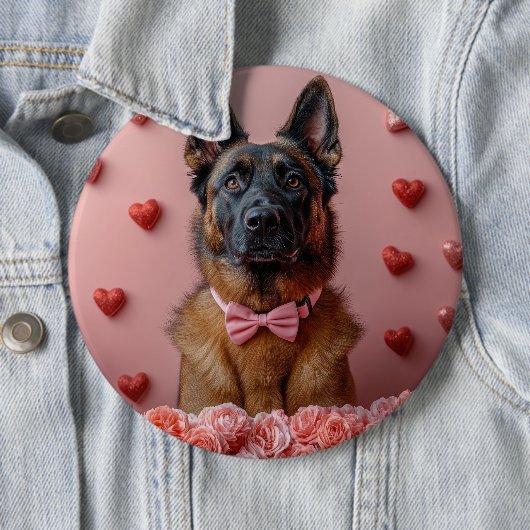 Badge Rond 15,2 Cm Malinois belge avec Rose - Saint Valentin (En situation)