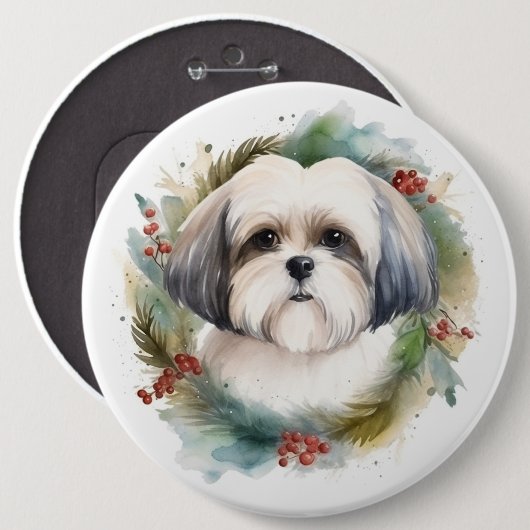 Badge Rond 15,2 Cm Malti Tzu Christmas Wreath Festive Pup (Devant & derrière)