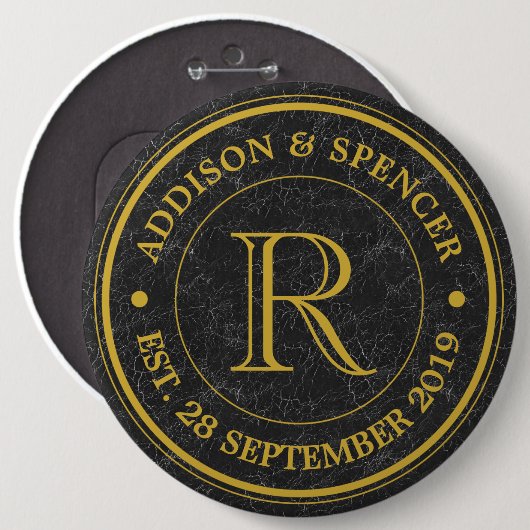 Badge Rond 15,2 Cm Mariage Anniversaire Or Monogramme Cuir noir (Devant & derrière)