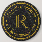 Badge Rond 15,2 Cm Mariage Anniversaire Or Monogramme Cuir noir (Devant)