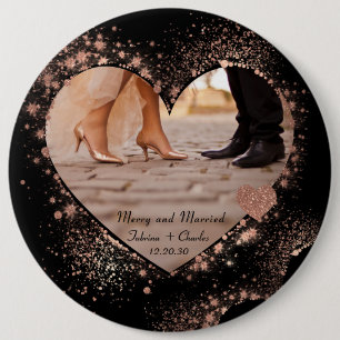 Badge Rond 15,2 Cm Mariés & Joyeuse Rose Dorée Lumières Scintillantes