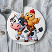 Badge Rond 15,2 Cm mignon vache/poulet caricature (En situation)