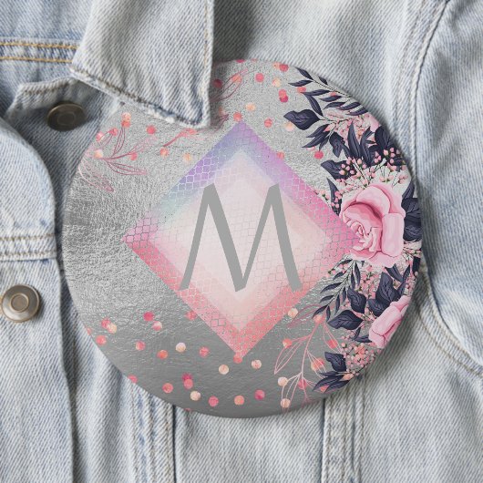 Badge Rond 15,2 Cm Monogram Silver Navy Rosegold Girly Newlyweds Cade (En situation)