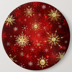 Badge Rond 15,2 Cm Noël Golden Snowflakes sur Arrière - plan rouge