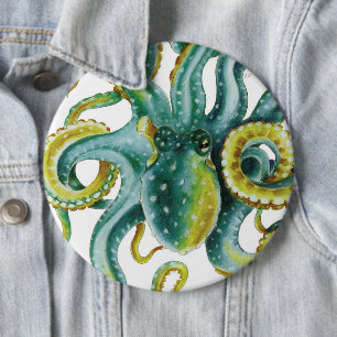 Badge Rond 15,2 Cm Octopus Green Tentacles Aquarelle Art