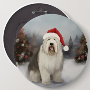 Badge Rond 15,2 Cm Old English Sheepdog en Noël de neige