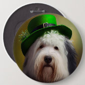 Badge Rond 15,2 Cm Old English Sheepdog en tenue de la Saint-Patrick (Devant & derrière)