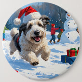 Badge Rond 15,2 Cm Old English Sheepdog Running in Snow Christmas Cas (Devant)