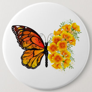 Badge Rond 15,2 Cm Papillon Fleur avec Pavot de Californie Jaune