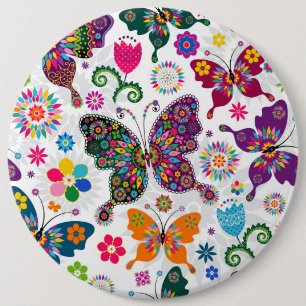 Badge Rond 15,2 Cm Papillons et fleurs colorés rétro Motif