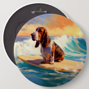 Badge Rond 15,2 Cm Peinture de Basset Hound faisant du Surf sur la Pl