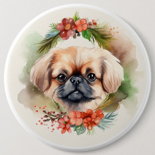 Badge Rond 15,2 Cm Pekingese Christmas Wreath Festive Pup (Devant)