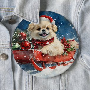 Badge Rond 15,2 Cm Pékinois en traîneau Laissez-le neiger Noël