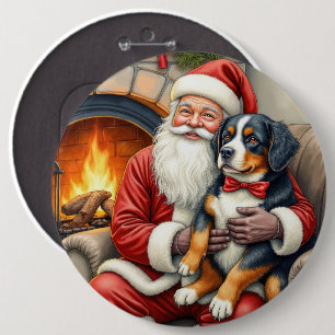 Badge Rond 15,2 Cm Père Noël tenant un chien de montagne bernois de N