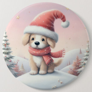 Badge Rond 15,2 Cm Petit chiot de Noël en chapeau santa