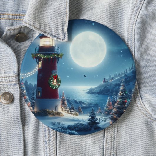 Badge Rond 15,2 Cm Phare de Noël nautique (En situation)