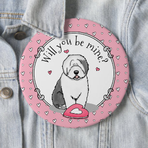 Badge Rond 15,2 Cm Pink Valentine Old English Chien à chiens gris 1 F
