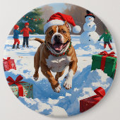 Badge Rond 15,2 Cm Pitbull Dog courir dans la neige avec le Casquette (Devant)