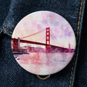 Badge Rond 15,2 Cm Pont Golden Gate aquarelle au coucher du soleil