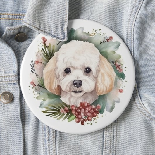 Badge Rond 15,2 Cm Poodle Noël Wreath Festive Pup (En situation)