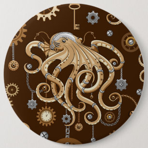 Badge Rond 15,2 Cm Poulpe Steampunk Rétro Fantastique Mécanique